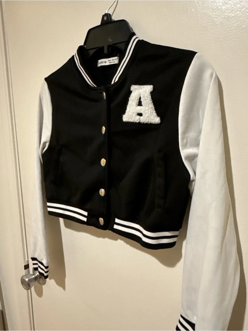 SHEIN Black & White Cropped Varsity Jacket with 'A' Patch